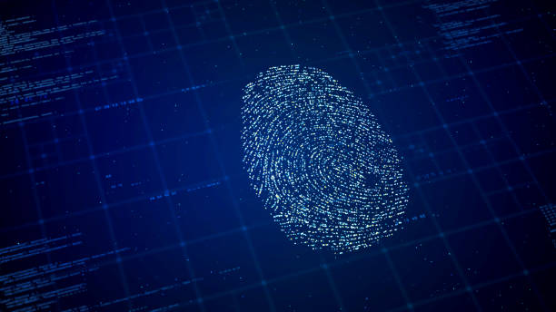 istock Biometric Data security technology for business, scanning screen of digital fingerprint identity to access privacy data, 3d rendering cybersecurity network database authorization concept 1454194938