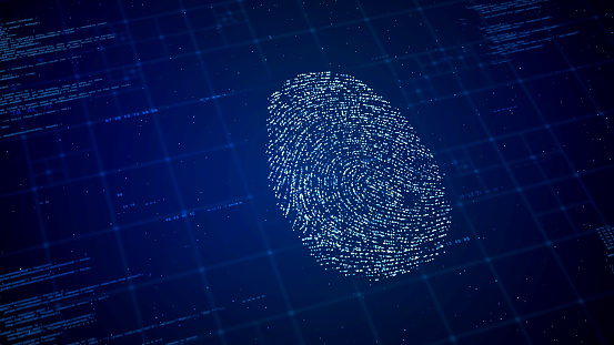 Biometric Data security technology for business, scanning screen of digital fingerprint identity to access privacy data, 3d rendering cybersecurity network database authorization concept
