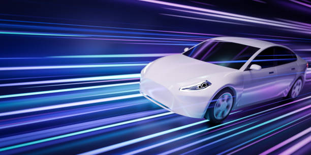 istock Futuristic generic cyber car racing on highway, Abstract high speed driving timelapse sport sedan light trails motion blur effects at night track 3d rendering, colorful supercar acceleration 1454194944