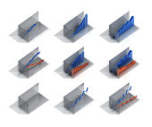 3d chart diagrams in 9 versions: arrows, blocks, mountains and curves. Income in blue and expenditure in red.