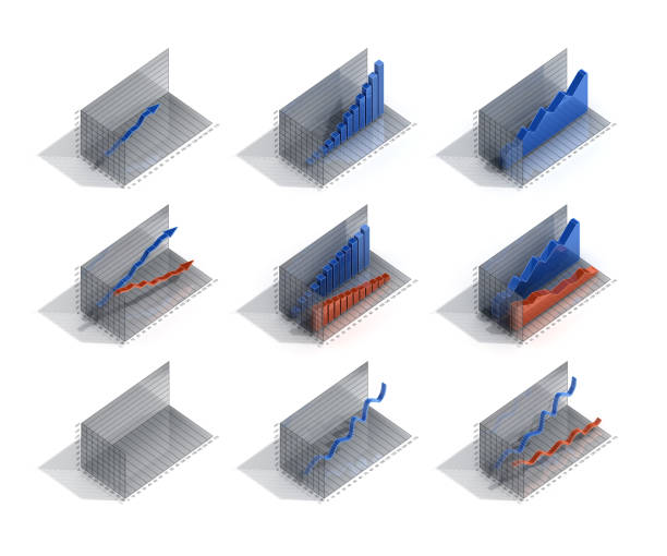 3d chart diagrams in 9 versions: arrows, blocks, mountains and curves. Income in blue and expenditure in red. stock photo