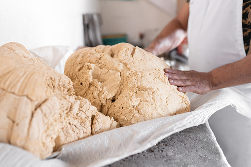 Close-up of female hands kneading dough in a glass bowl. Cropped shot of a woman preparing dough for preparing bread in kitchen.