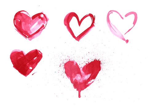 Red hearts messy painted on white watercolor paper background. Illustration in vector - enlarge without lost the quality.