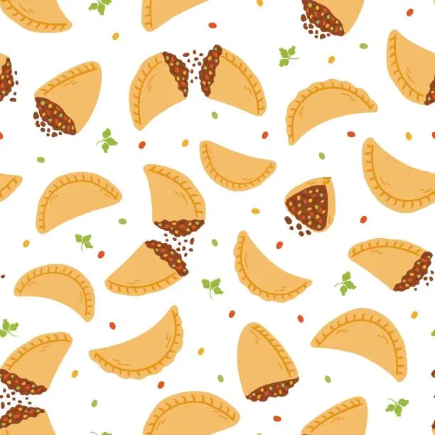 Vector illustration of Seamless pattern with empanadas in cartoon flat style. Hand drawn vector background with traditional Latino America food, folk cuisine