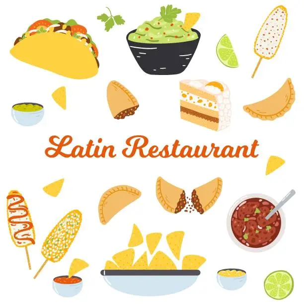 Vector illustration of Latin America restaurant template for website, menu, poster. Traditional dishes of Latin America in hand drawn flat style, folk cuisine