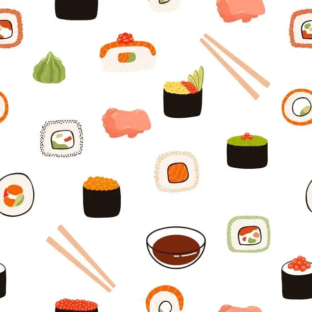 Vector illustration of Seamless pattern with sushi, soy sauce, ginger, wasabi, chopsticks in doodle style. Hand drawn background of Japanese traditional cuisine