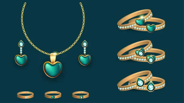 Vector illustration of vector set of realistic Jewlery object necklace, bangles, earrings and rings.