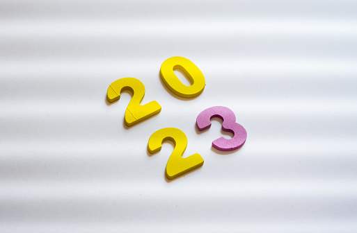 The wooden toys number 2023 on white background, New Year concept.