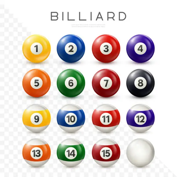 Vector illustration of Billiard, pool balls set. Vector realistic snooker ball collection with numbers on transparent background