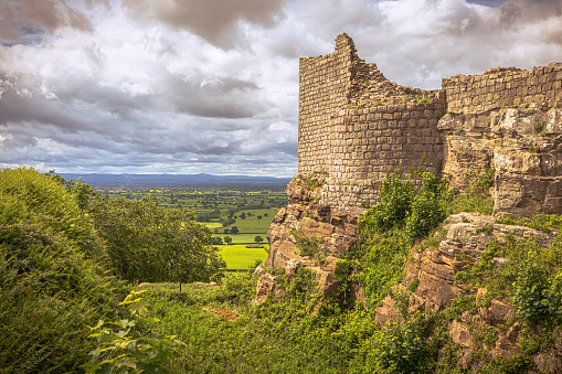 Honau - Reutlingen, Germany - September 30th, 2018: Done point of view Panorama over the Swabian Jura - Schwäbische Alb - with beautiful fairy-tale Castle Lichtenstein on top a steep rock on a sunny late summer day. Swabian Alb, Reutlingen, Baden Wurttemberg, Germany, Europe