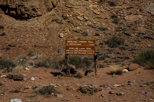 Sign for Upheaval Canyon and Syncline Loop Trails in Canyonlands National Park