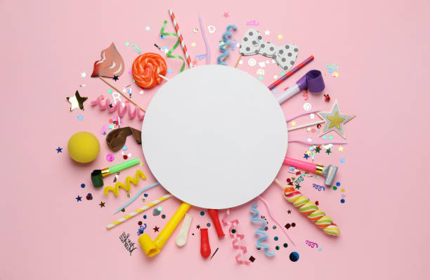 istock Flat lay composition with blank card and different party accessories on pink background, space for text. Birthday surprise 1454205441