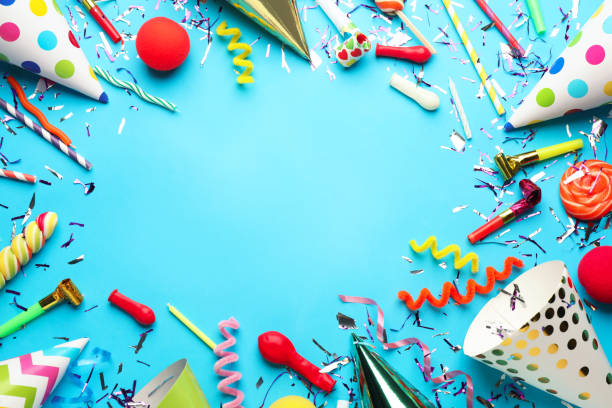 istock Beautiful flat lay composition with festive items on light blue background, space for text. Surprise party concept 1454205595