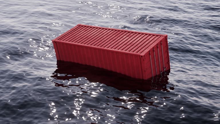 Loop animation of cargo container floating in the ocean , 3d rendering.