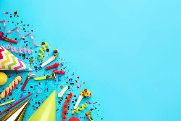 istock Beautiful flat lay composition with festive items on light blue background, space for text. Surprise party concept 1454206467
