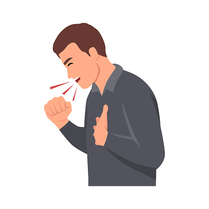 Young man having dry cough. Male person with asthma, allergy or cold. Sick guy. Man with respiratory disease symptom. Flat vector illustration isolated on white background