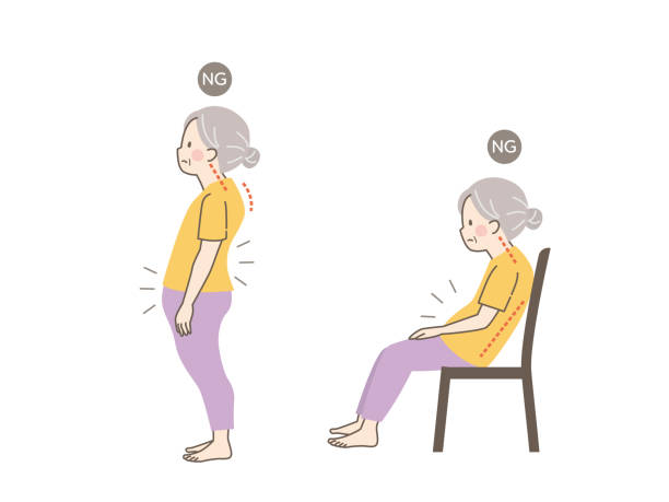 나쁜 자세를 가진 노인 여성의 그림 세트 - torso physical therapy patient relaxation exercise stock illustrations