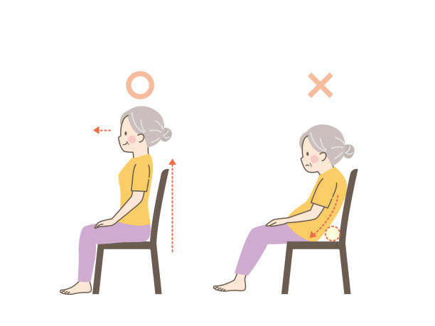 의자에 앉아있는 노인 여성의 좋은 자세와 나쁜 자세의 비교 - torso physical therapy patient relaxation exercise stock illustrations