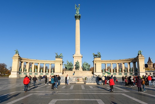 Budapest, Hungary – December 02, 2022: The crowded Heroes square in Budapest, Hungary