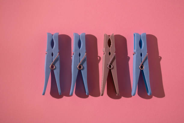 istock In the mass of the same, being different colors does not mean being different. Brown and blue clothes pegs arranged in a row on a pink background 1454208276