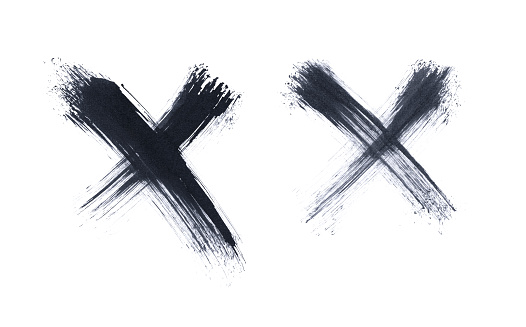 Two lines painted with black paint. A spontaneous drawing on a white sheet of paper with an x mark. Diagonal lines with original imperfections! Illustration in vector - enlarge without lost the quality.