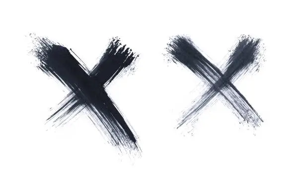 Vector illustration of Two x signs painted by hand by black paint on a white paper background - abstract crossed lines full of imperfections! Original art illustration in vector with visible uneven messy imperfect spontanious brush strokes