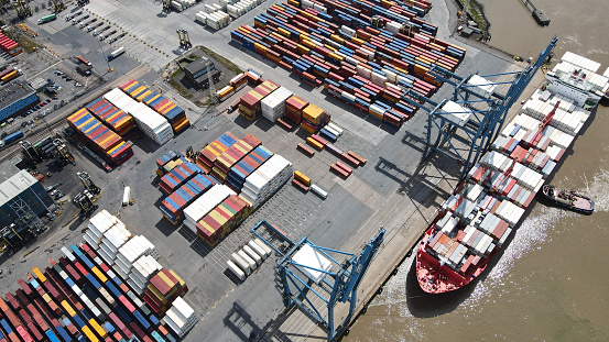 Tilbury Docks container port on River Thames ships loading \ndrone aerial view