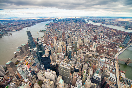Downtown Manhattan aerial skyline from helicopter in winter season, New York City - USA.