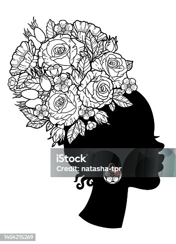 istock Coloring book for adults. Black silhouette of head african american woman with a flowers instead hairstyle braided in the hair of roses flowers 1454215269