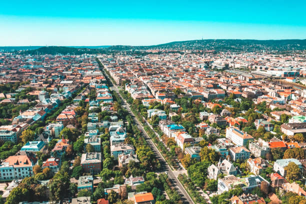 Flying over city area in Budapest