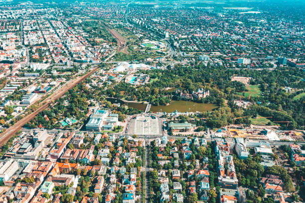 Flying over city area in Budapest