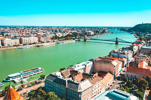 Aerial view of Budapest with Danube river