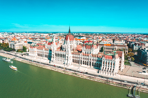 Parliament building in Budapest drone view