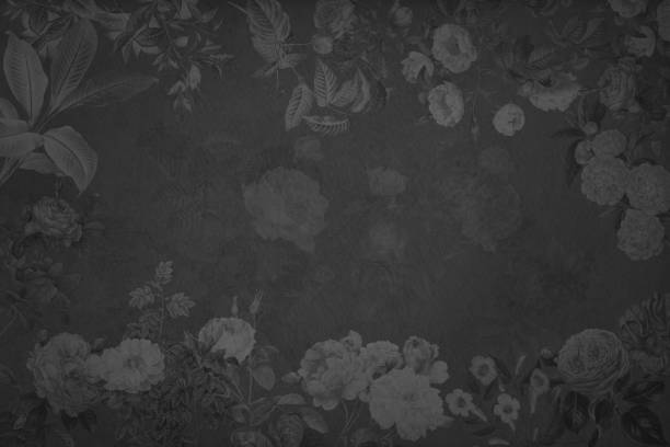 black and white eight roses flower bouquet on a white square with rounded edges, white line on blur black and white roses background, love, valentine, decor, wedding, vintage, copy space