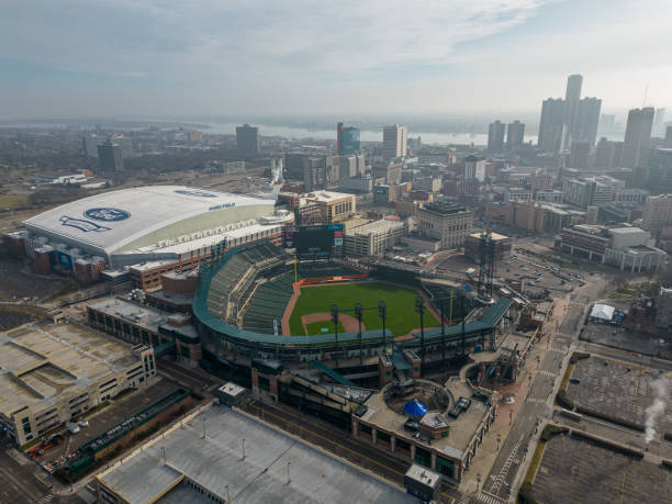 Comerica Park in Detroit, Michigan Aerial view of Comerica Park in Detroit, Michigan. Home to the Detroit Tigers of Major League Baseball. Taken January 3, 2023 comerica park photos stock pictures, royalty-free photos & images