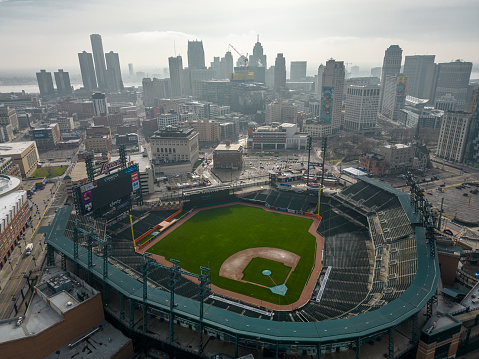 Aerial view of Comerica Park in Detroit, Michigan. Home to the Detroit Tigers of Major League Baseball. Taken January 3, 2023