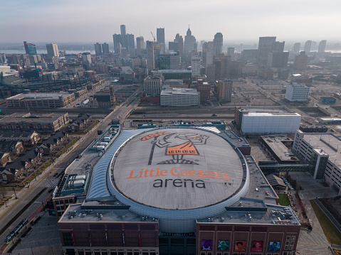 Aerial view of Little Caesars Arena in Detroit, Michigan. Home to the Detroit Red Wings of the National Hockey League. Taken January 3, 2023.