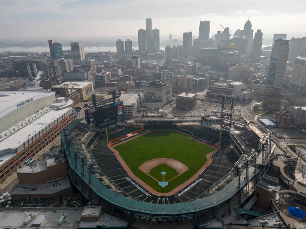 Comerica Park in Detroit, Michigan Aerial view of Comerica Park in Detroit, Michigan. Home to the Detroit Tigers of Major League Baseball. Taken January 3, 2023 comerica park photos stock pictures, royalty-free photos & images