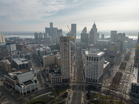 Aerial view of downtown Detroit, Michigan on January 3, 2023.