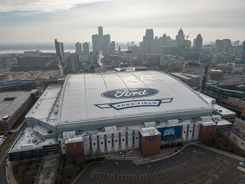 Aerial view of Ford Field Stadium in Detroit, Michigan. Home to the Detroit Lions of the National Football League. Taken January 3, 2023.