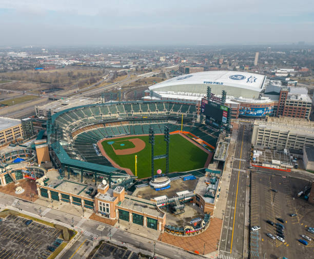 Comerica Park in Detroit, Michigan Aerial view of Comerica Park in Detroit, Michigan. Home to the Detroit Tigers of Major League Baseball. Taken January 3, 2023 comerica park photos stock pictures, royalty-free photos & images