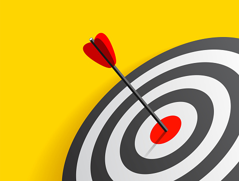 Target icon in 3d flat style on yellow background. Arrow in the center aim. Vector design element for you business projects