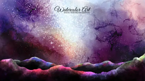 Vector illustration of Stunning galaxy digital painting background. Beautiful watercolor art in an impressionism style