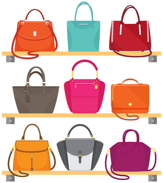 ilustraciones, imágenes clip art, dibujos animados e iconos de stock de conjunto de icono vectorial de bolso de mujer aislado sobre fondo blanco, bolso elegante, accesorios femeninos - purse