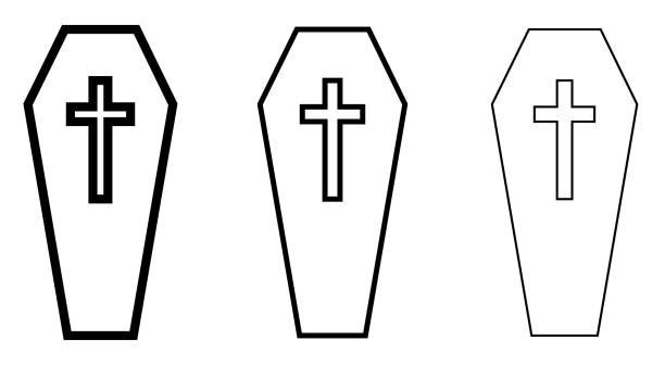 illustrations, cliparts, dessins animés et icônes de jeu d’icônes de cercueil. icône noire du cercueil avec croix. icône de cercueil isolée. - 11327