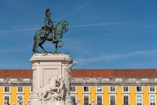 Praca do Comercio with the statue of King Jose, located near the Tagus River in Lisbon.