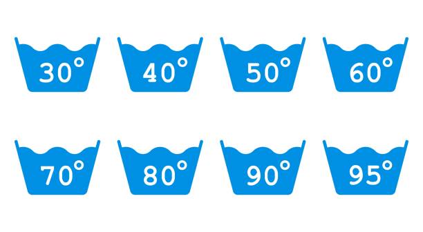 ilustraciones, imágenes clip art, dibujos animados e iconos de stock de lavar a 30 a 95 grados. grados de agua. conjunto de iconos de lavado aislados. - 11310