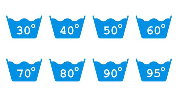 prać w temperaturze od 30 do 95 stopni. stopnie wody. zestaw izolowanych ikon mycia. - 11310 stock illustrations
