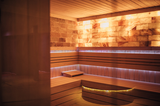 Inside of an empty modern sauna.