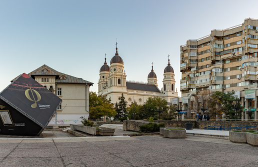 Iasi, Romania - October 20, 2022: A picture of the Metropolitan Cathedral of Iasi as seen from a nearby square.